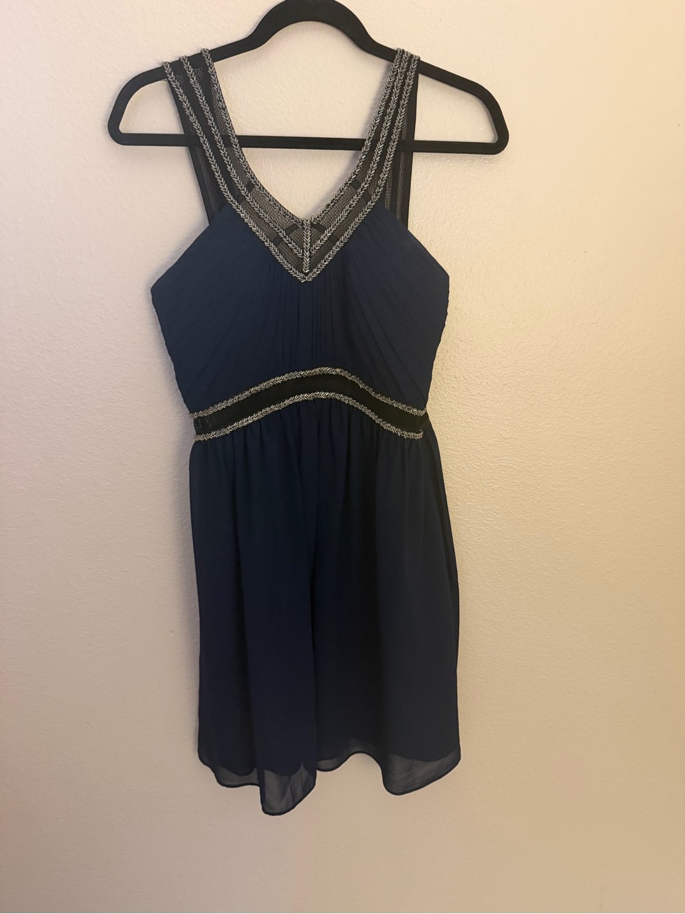 Navy Sleeveless Beaded V-Neck Dress